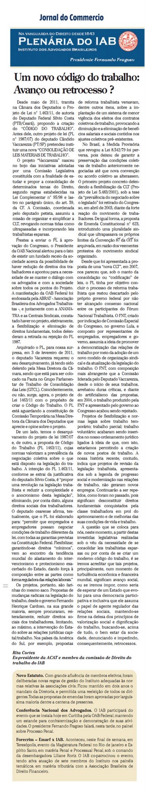 Rita Cortez assina coluna do IAB desta semana, no Jornal do Commércio, sobre um novo Código do Trabalho