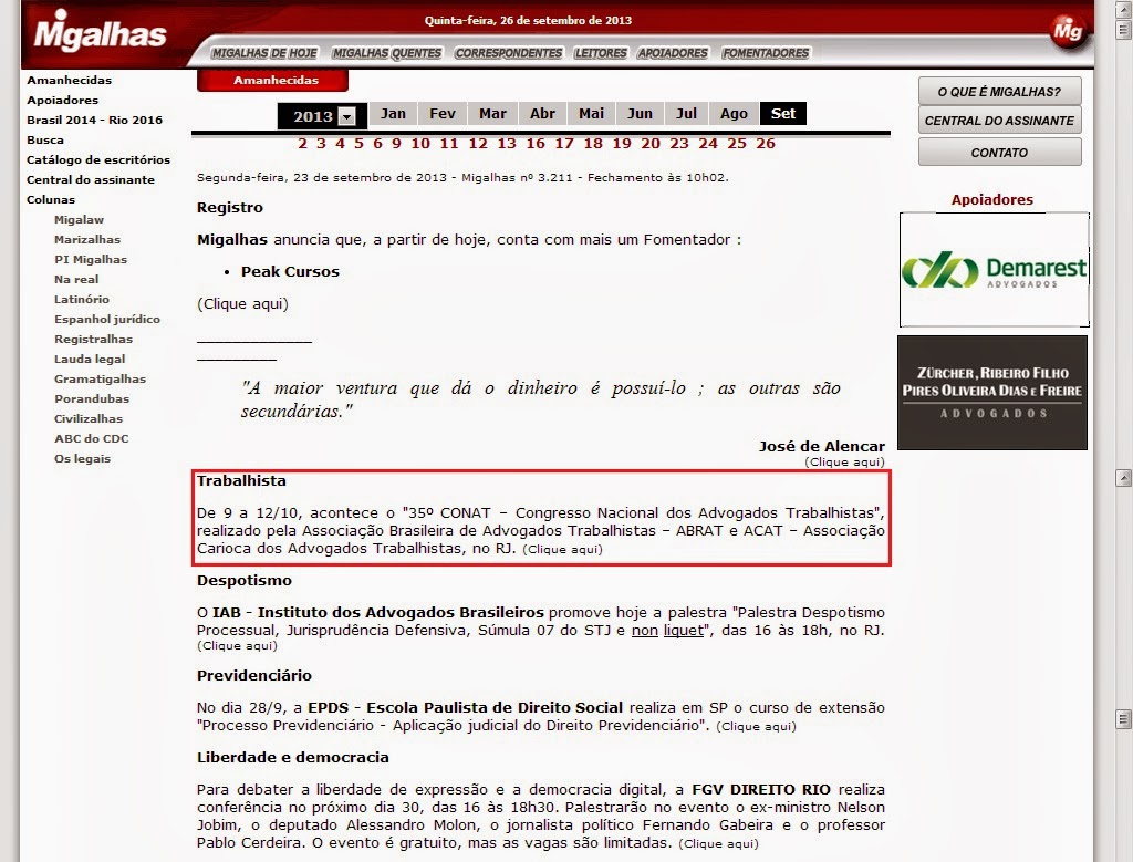 Saiu no Migalhas: De 9 a 12/10, acontece o “35º CONAT – Congresso Nacional dos Advogados Trabalhistas”