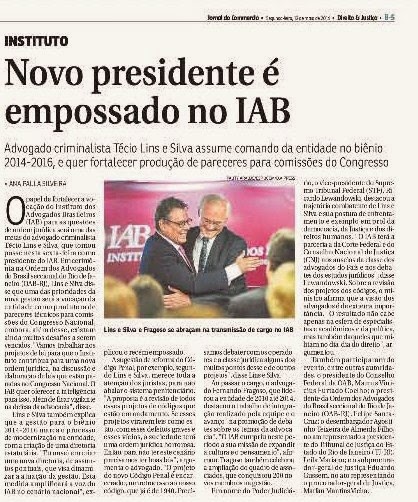 Jornal do Commércio-RJ de hoje noticia a posse da nova diretoria do IAB, em evento realizado na sede da OAB-RJ, em 9 de maio