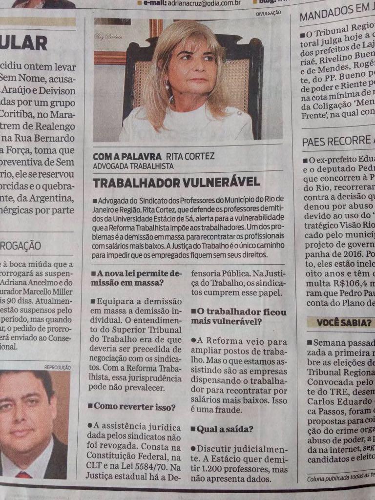 Rita Cortez fala ao Jornal O Dia sobre a vulnerabilidade que a Reforma Trabalhista impõe aos trabalhadores