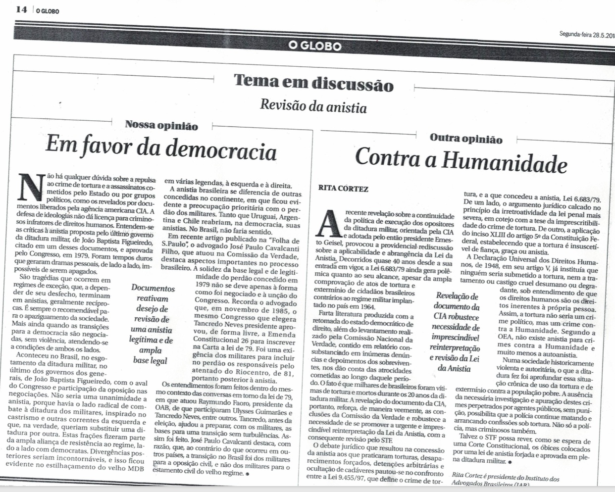 O Globo publica artigo de Rita Cortez sobre a Revisão da Anistia